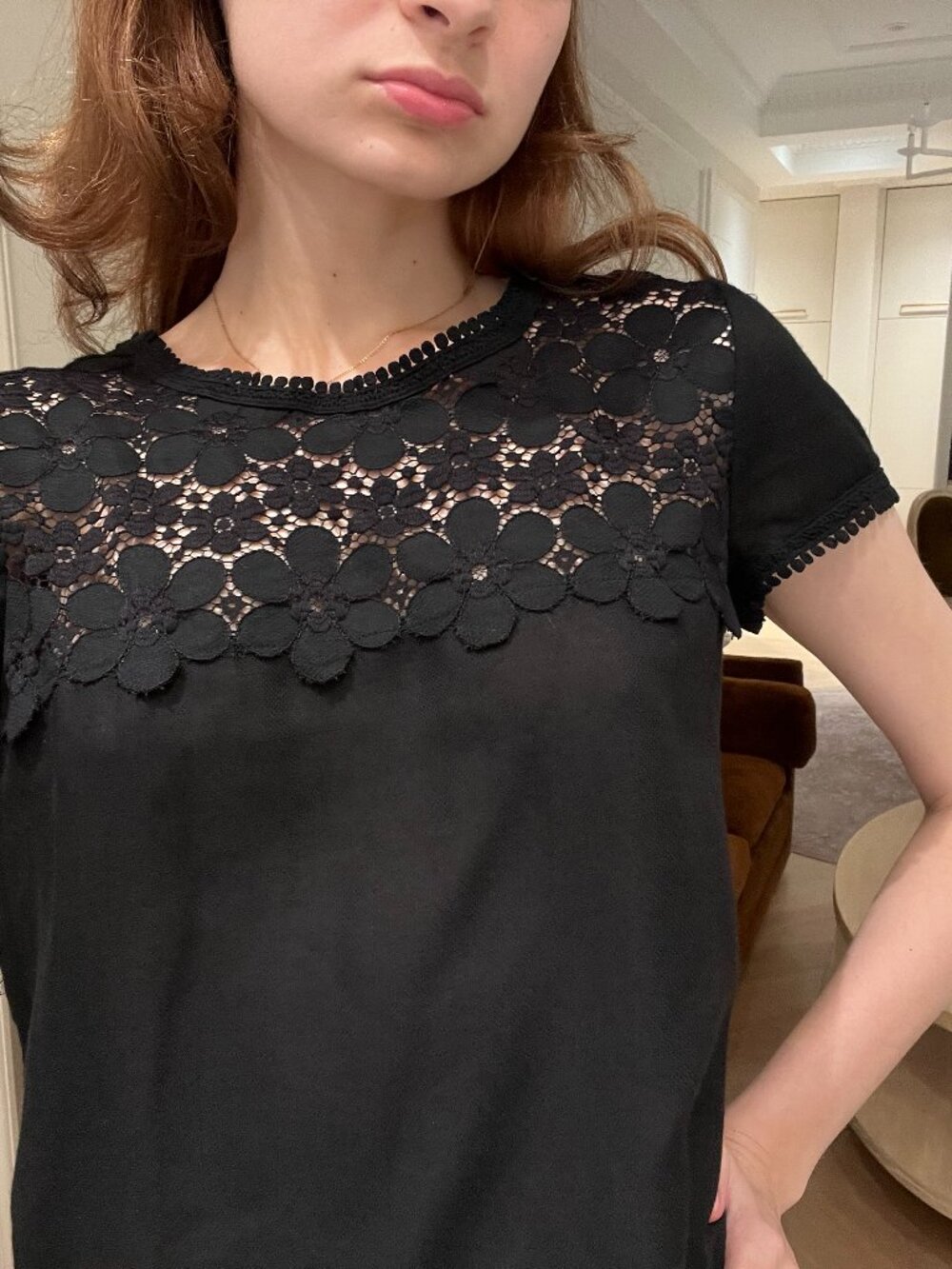 Ella Moss Black Floral Crochet Short Sleeve Top XS
